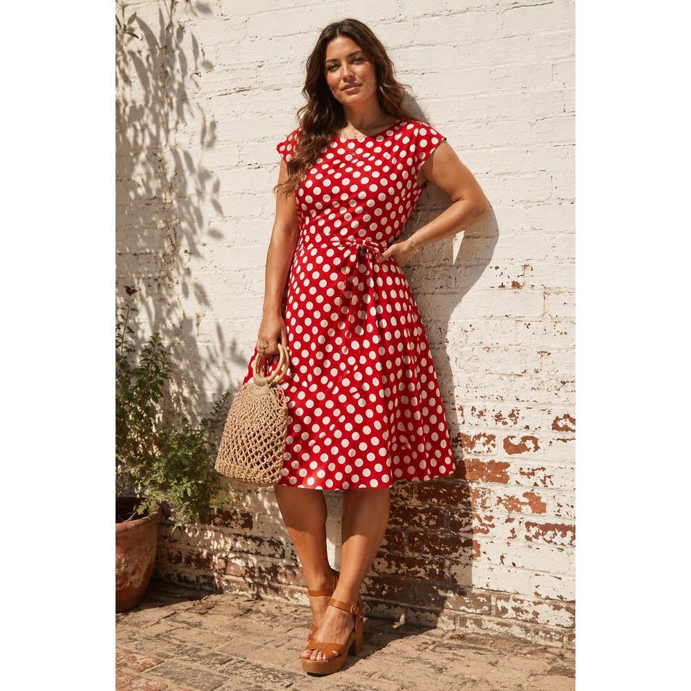 Dressystar Red White Cotton Polka Dot Fit Flare Dress Retro Rockabilly Plus 2XL